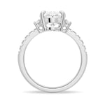 Three Stone Oval Half Moon Moissanite Engagement Ring with Pavé Band