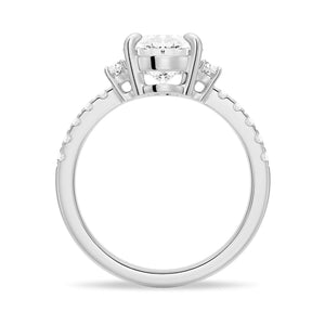 Three Stone Oval Half Moon Moissanite Engagement Ring with Pavé Band