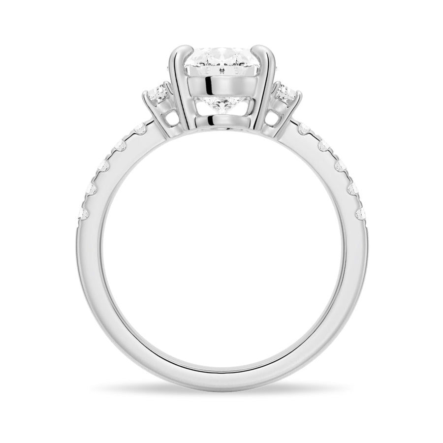 Three Stone Oval Half Moon Moissanite Engagement Ring with Pavé Band