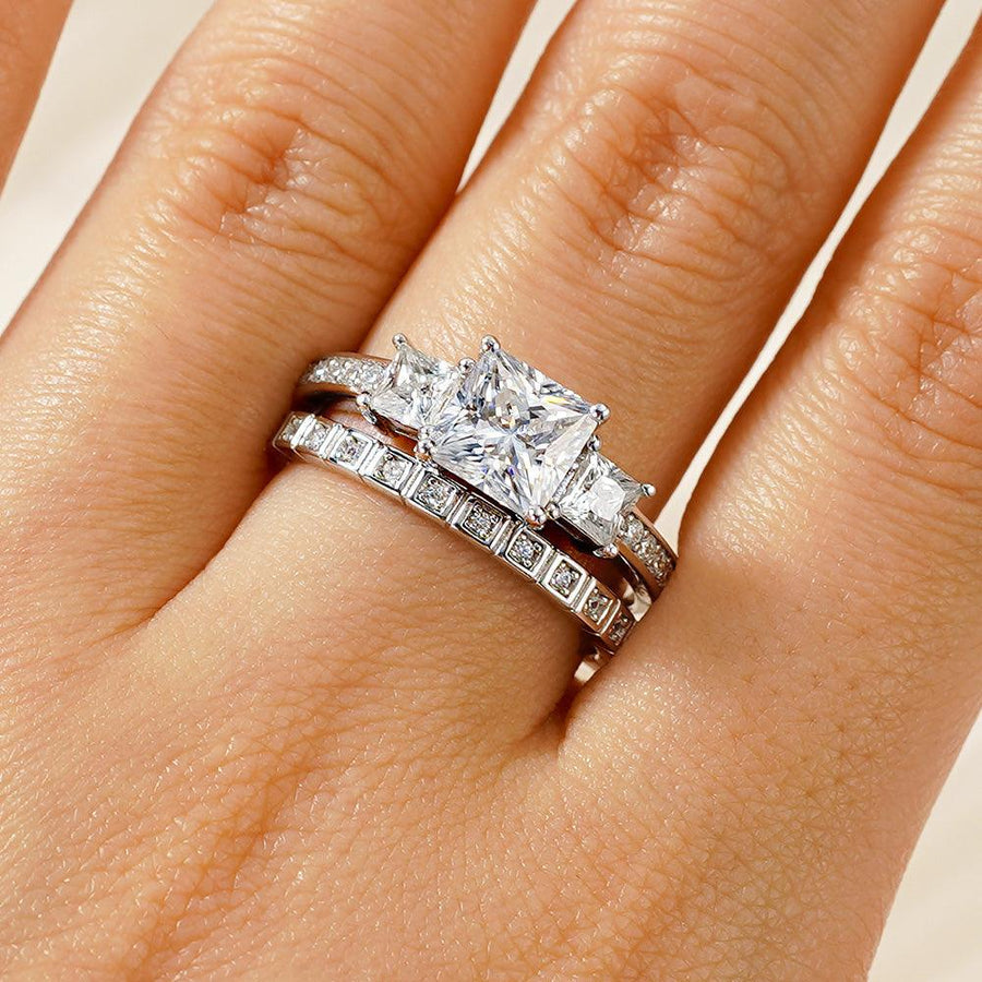 Three Stone Princess Shaped Moissanite Bridal Set