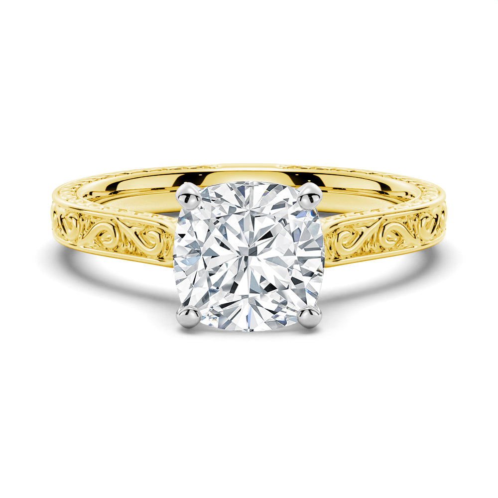 Vintage Two-Tone Cushion Moissanite Engagement Ring With Milgrain Edges-2CT.