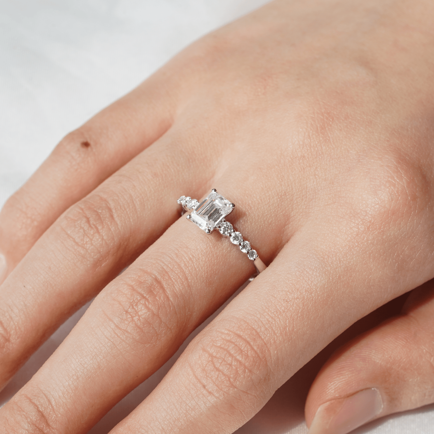 Classic Shared - Prong Emerald Cut Moissanite Engagement Ring - TAYLOR KOM_925 Sterling Silver