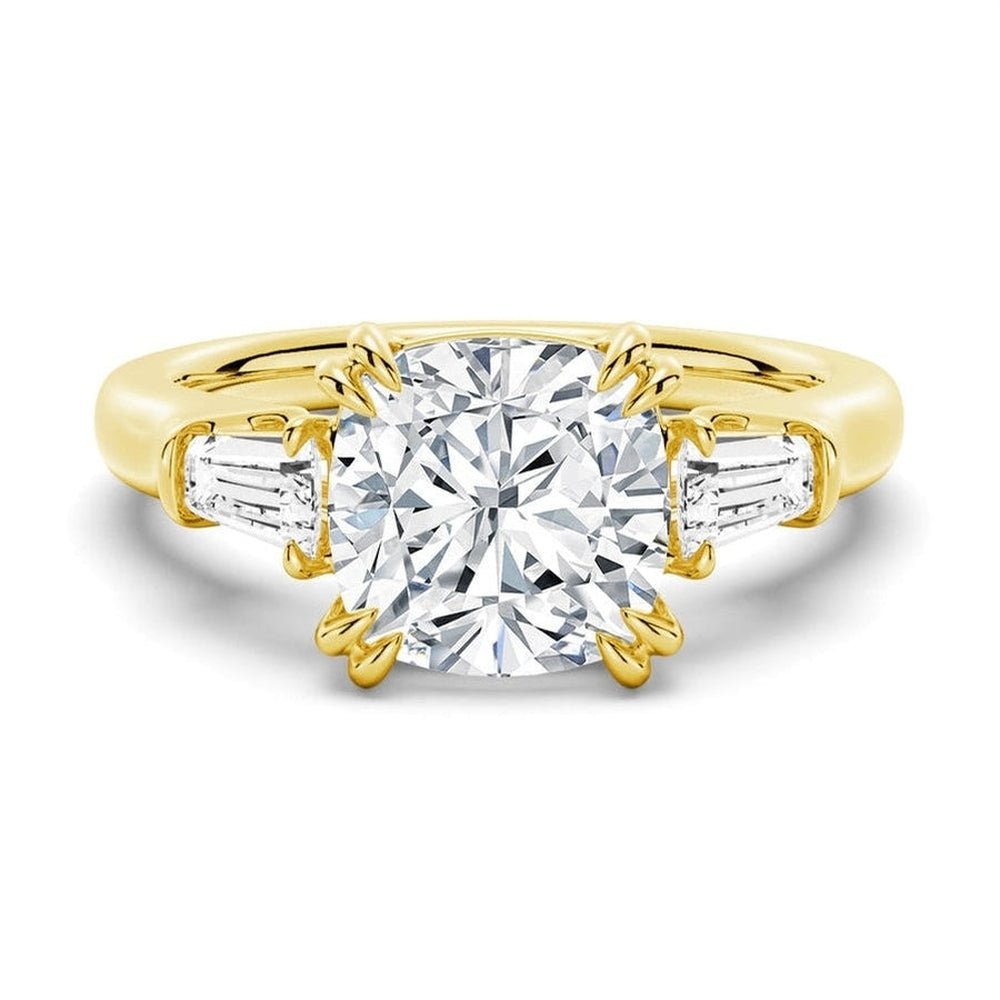 Cushion Cut Lab Grown Diamond Engagement Ring with Tapered Baguette Side Stones - TAYLOR KOM_10K Yellow Gold