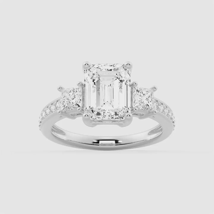 Emerald Shaped Three Stone Moissanite Engagement Ring