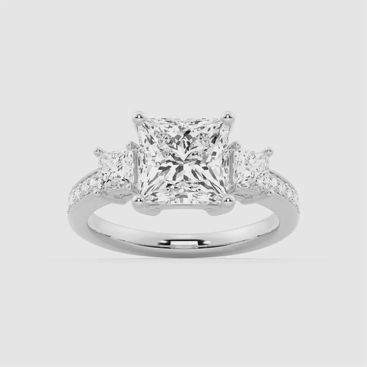 Three Stone Princess Shaped Pavé Moissanite Engagement Ring