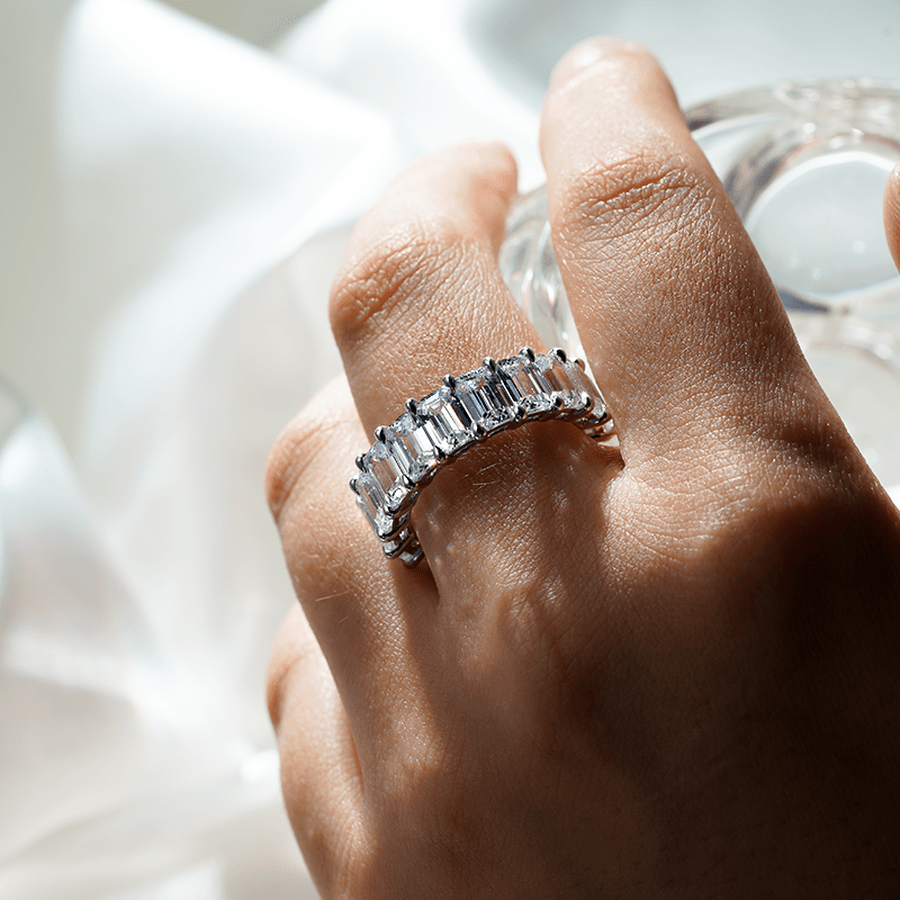 Prong - Set Emerald - Cut Moissanite Eternity Wedding Band - 8.9 CT. - TAYLOR KOM_925 Sterling Silver